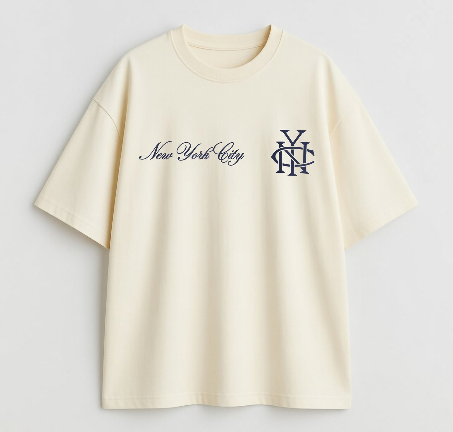 Beige t-shirt with 'New York City' and logo on a light gray background