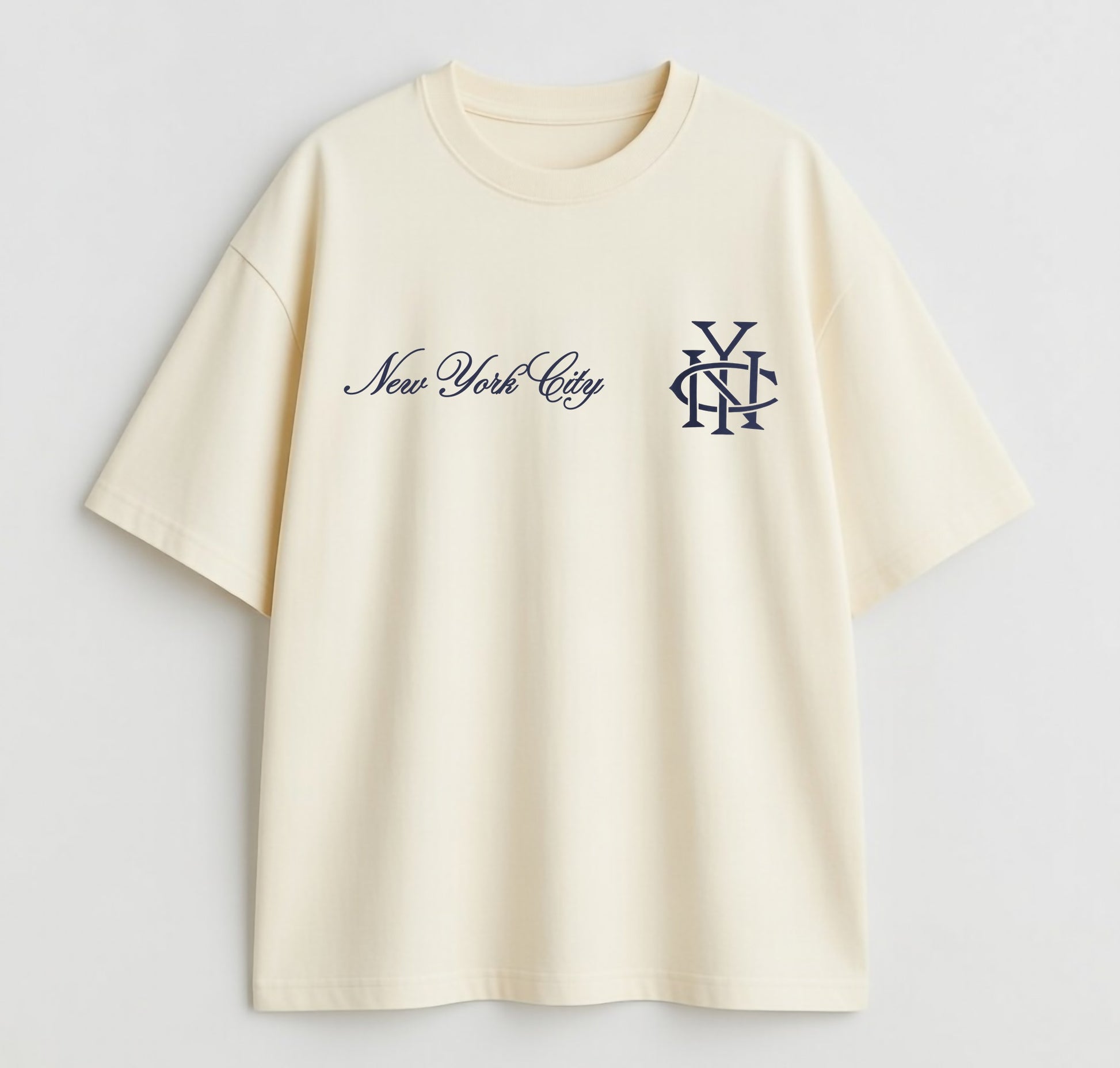 Beige t-shirt with 'New York City' and logo on a light gray background