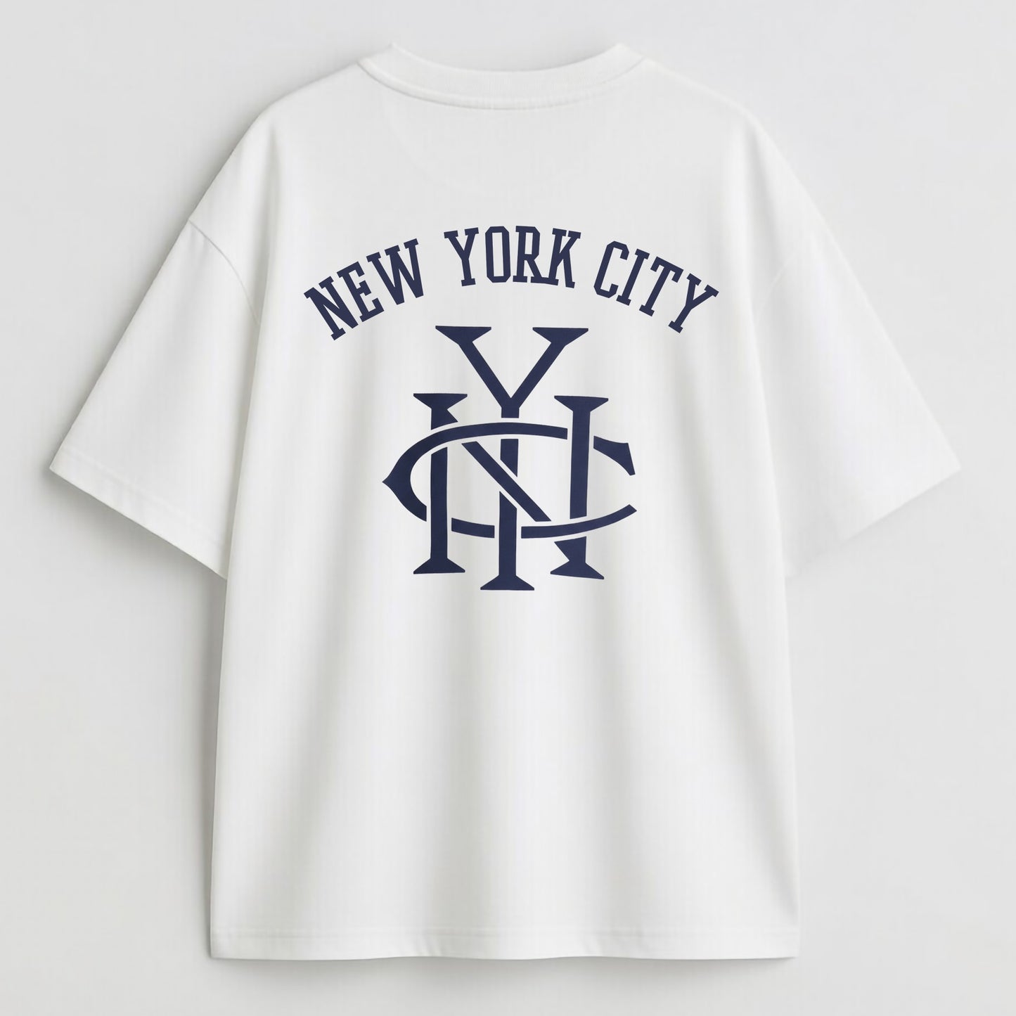 White t-shirt with 'New York City' text and logo on a light gray background