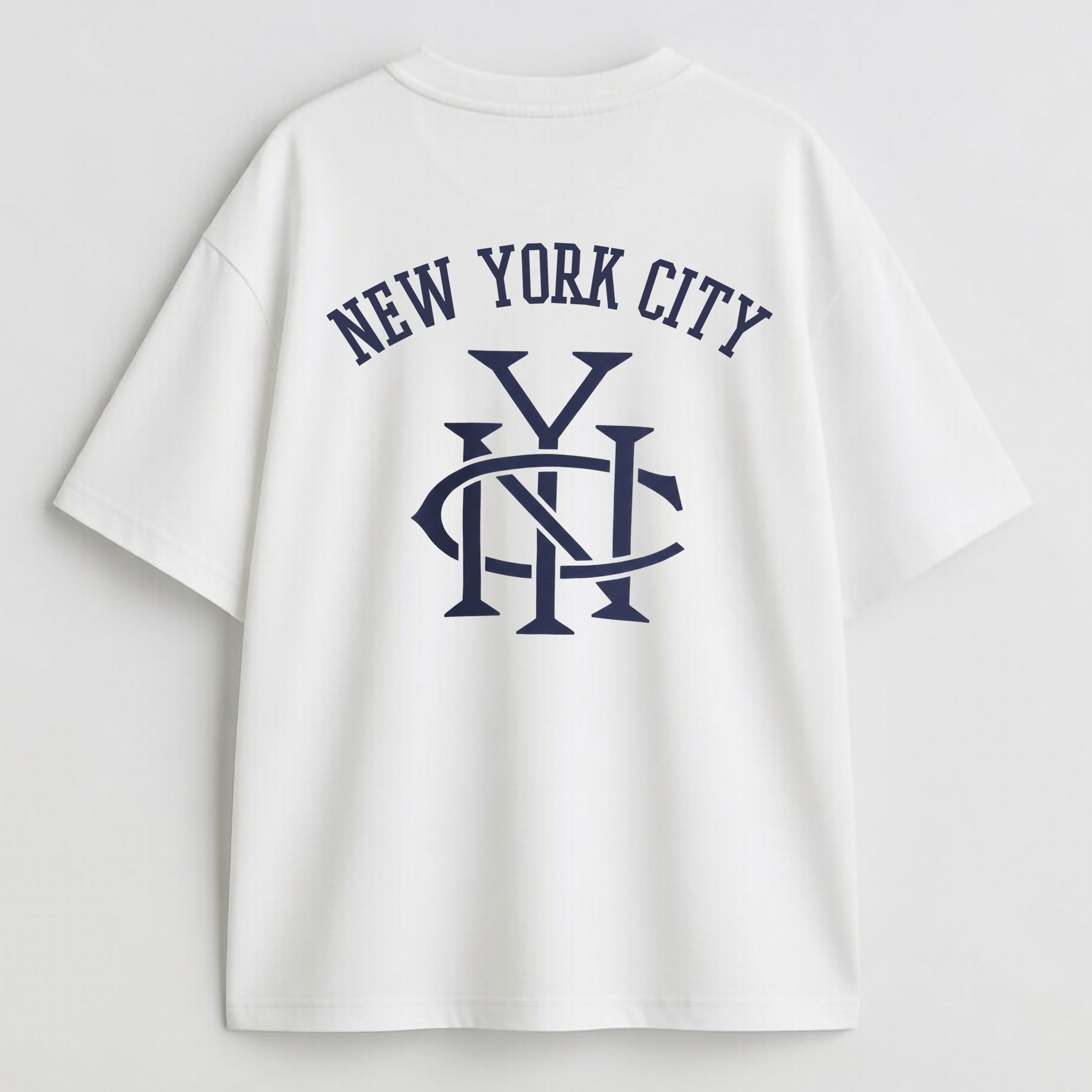 White t-shirt with 'New York City' text and logo on a light gray background