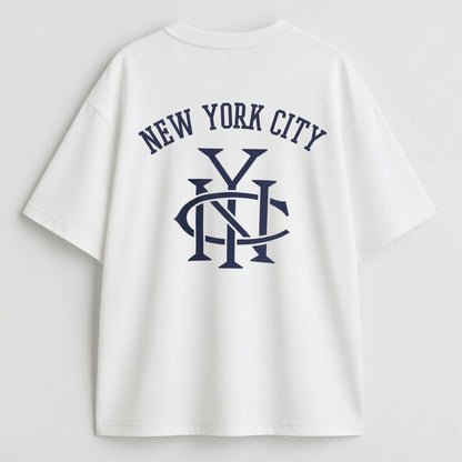 White t-shirt with 'New York City' text and logo on a light gray background