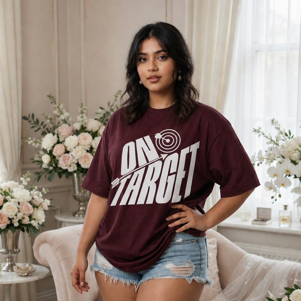 Woman wearing a maroon t-shirt with 'On Target' graphic on a rooftop with cityscape in the background