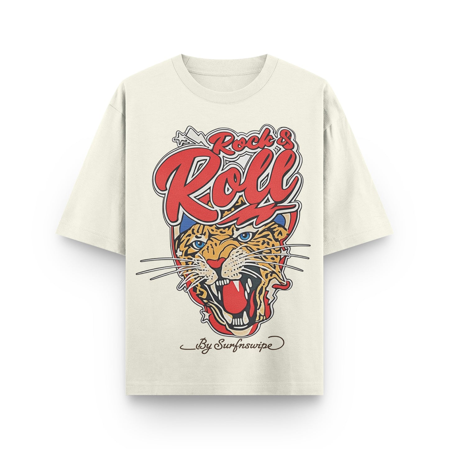 Beige t-shirt with a colorful tiger graphic and 'Rock & Roll' text on a white background