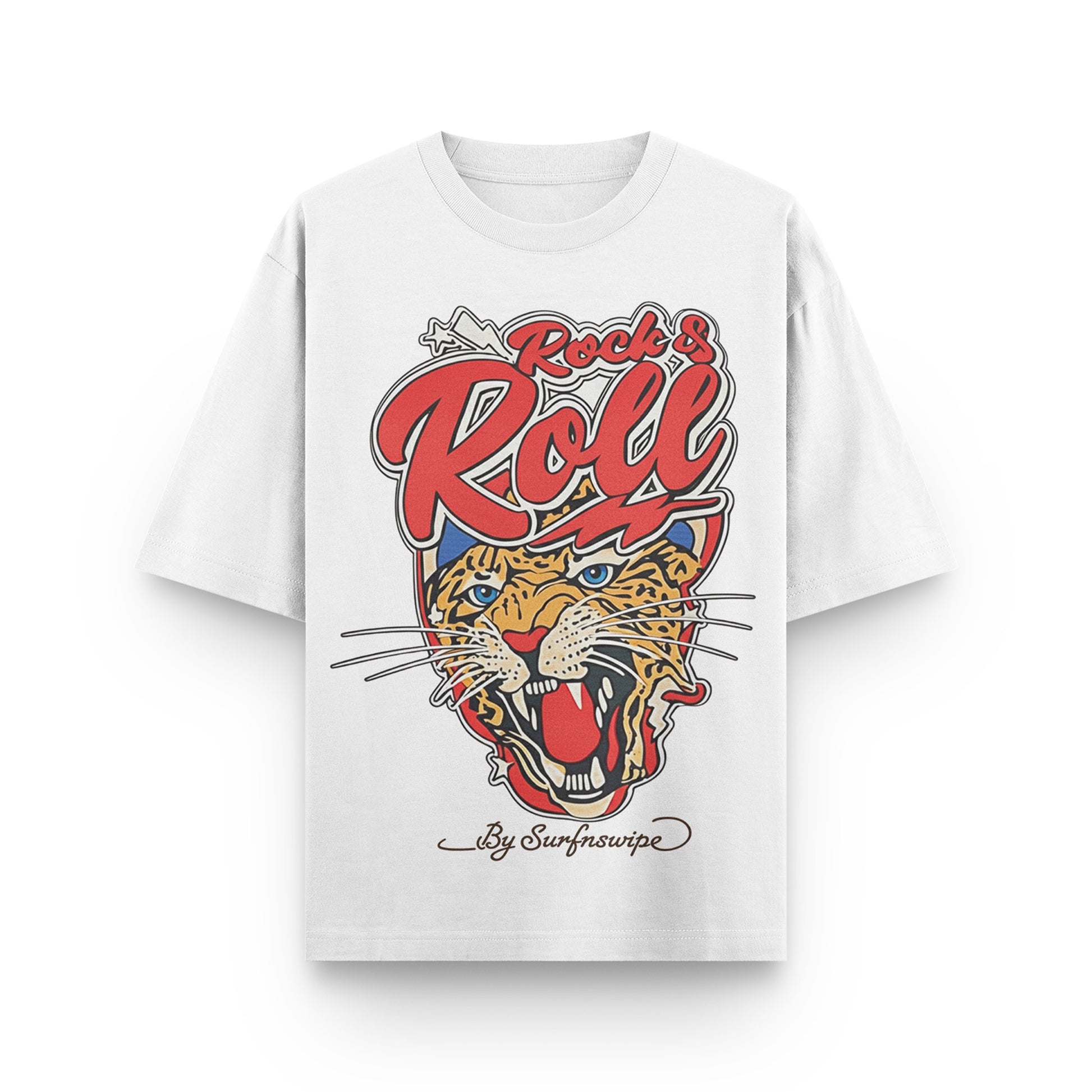 White t-shirt with a colorful graphic of a tiger and 'Rock & Roll' text on a white background