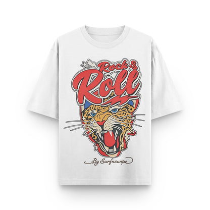 White t-shirt with a colorful graphic of a tiger and 'Rock & Roll' text on a white background