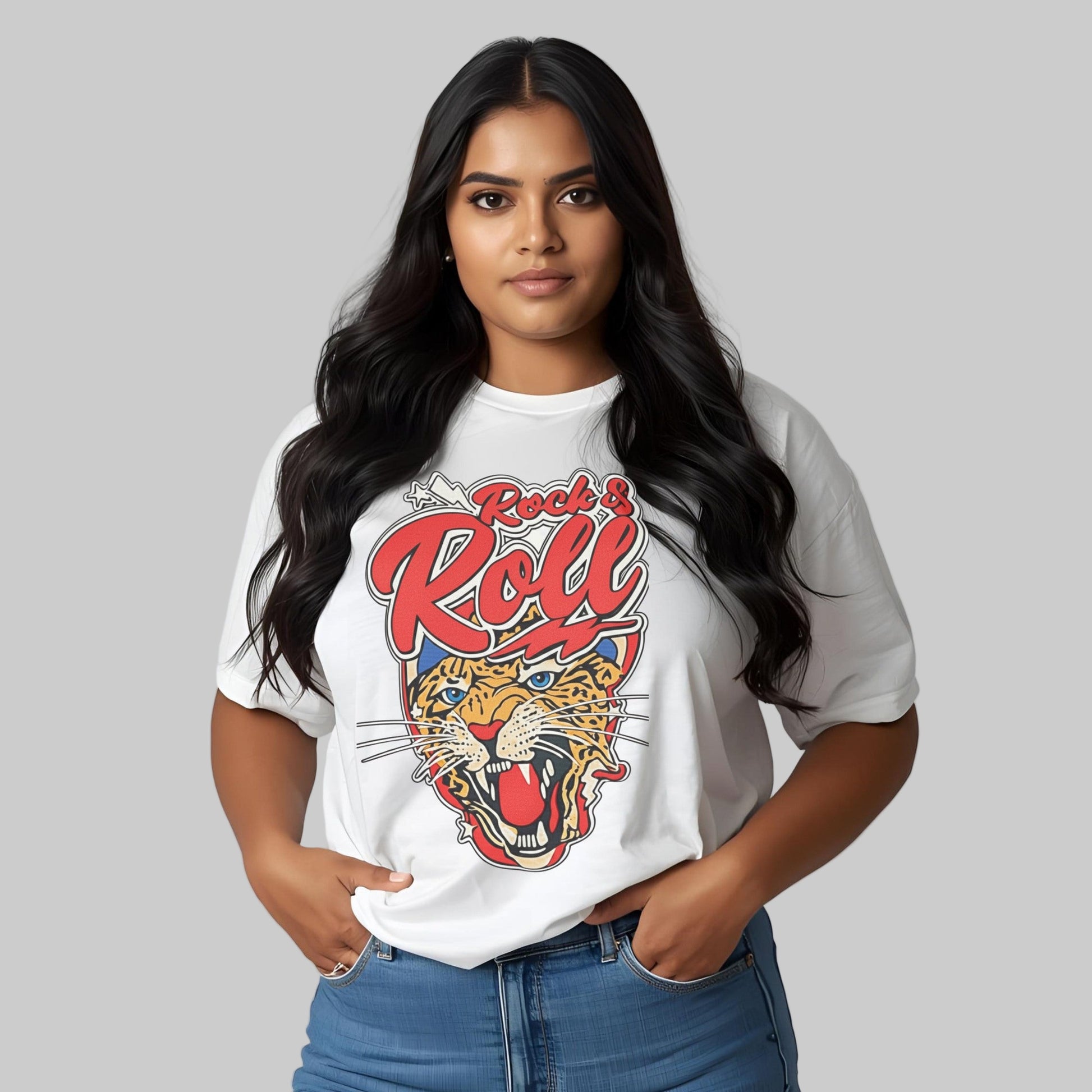 Woman wearing a white t-shirt with a colorful 'Rock & Roll' design and a panther graphic.