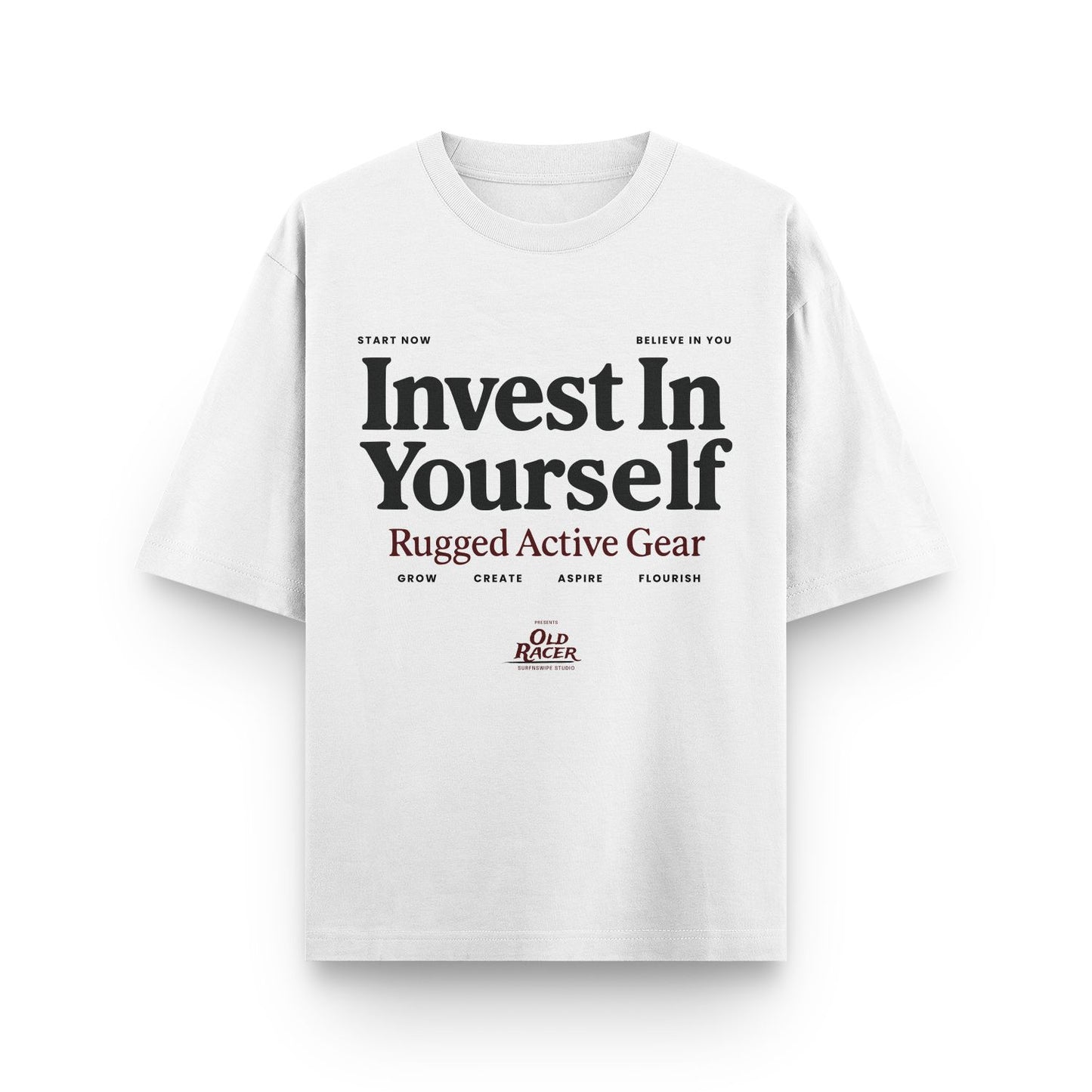 White t-shirt with motivational text and branding on a white background