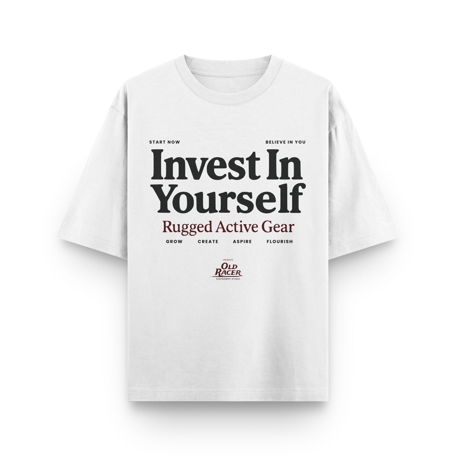 White t-shirt with motivational text and branding on a white background