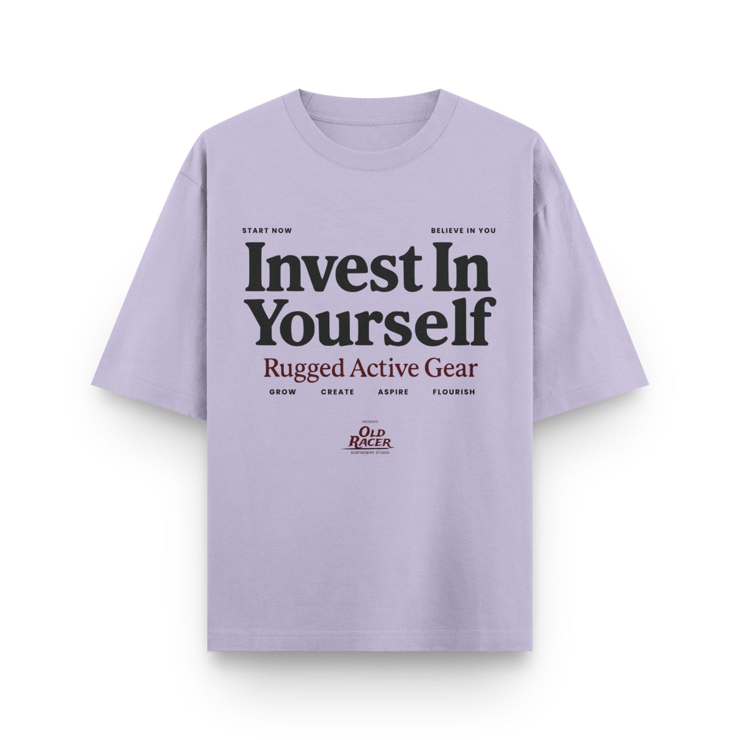 Purple t-shirt with motivational text on a white background