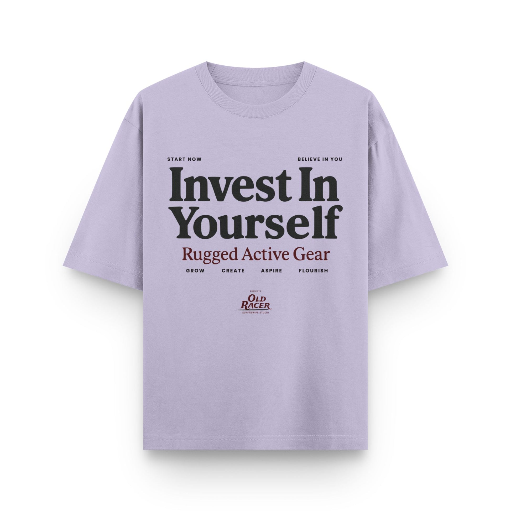 Purple t-shirt with motivational text on a white background