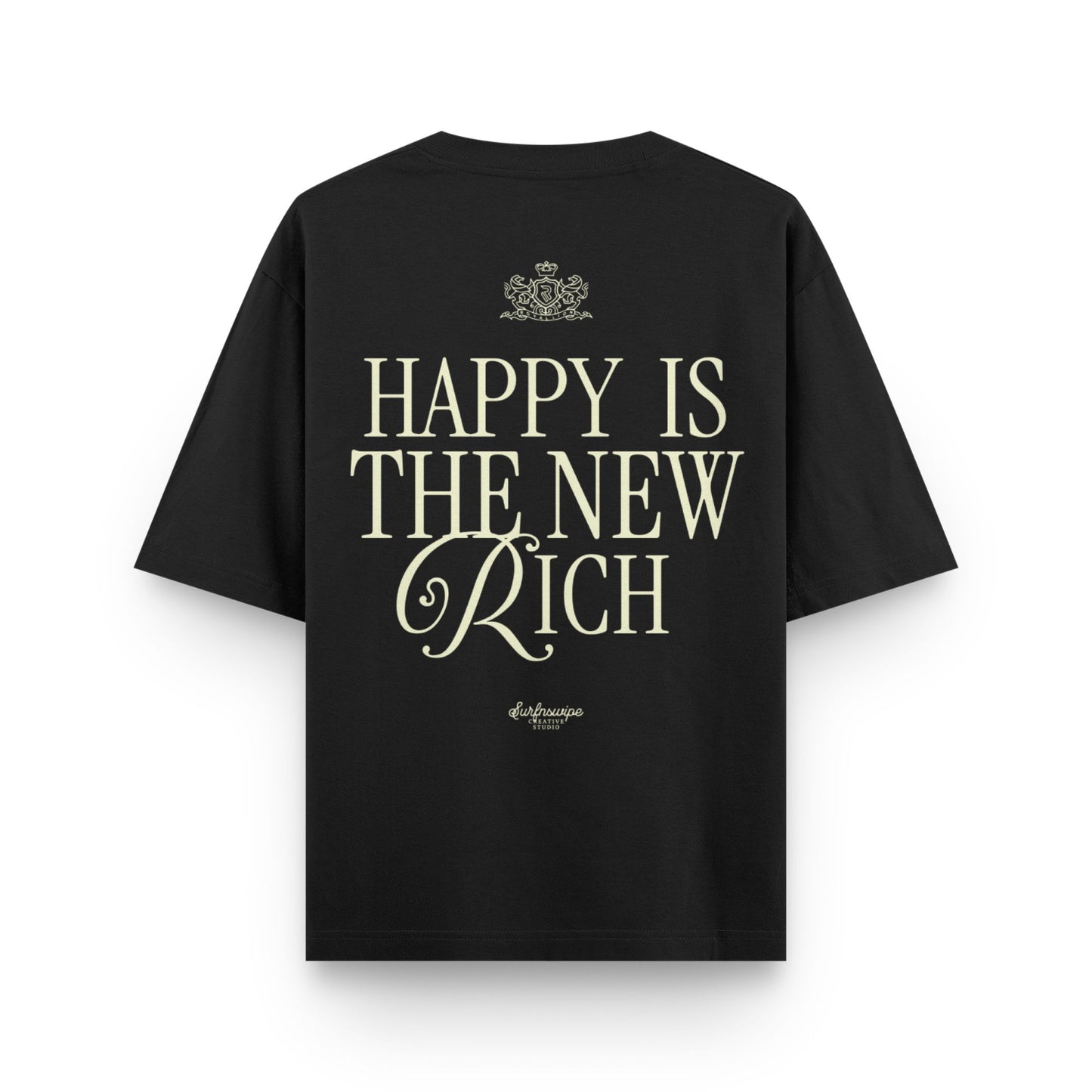 Black t-shirt with 'Happy is the New Rich' text on the back against a white background