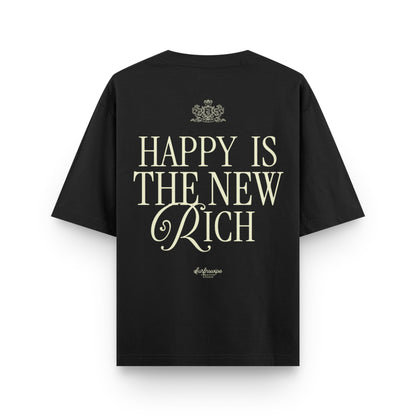 Black t-shirt with 'Happy is the New Rich' text on the back against a white background