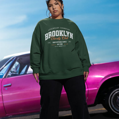 Model wearing oversized varsity sweatshirt streetwear style