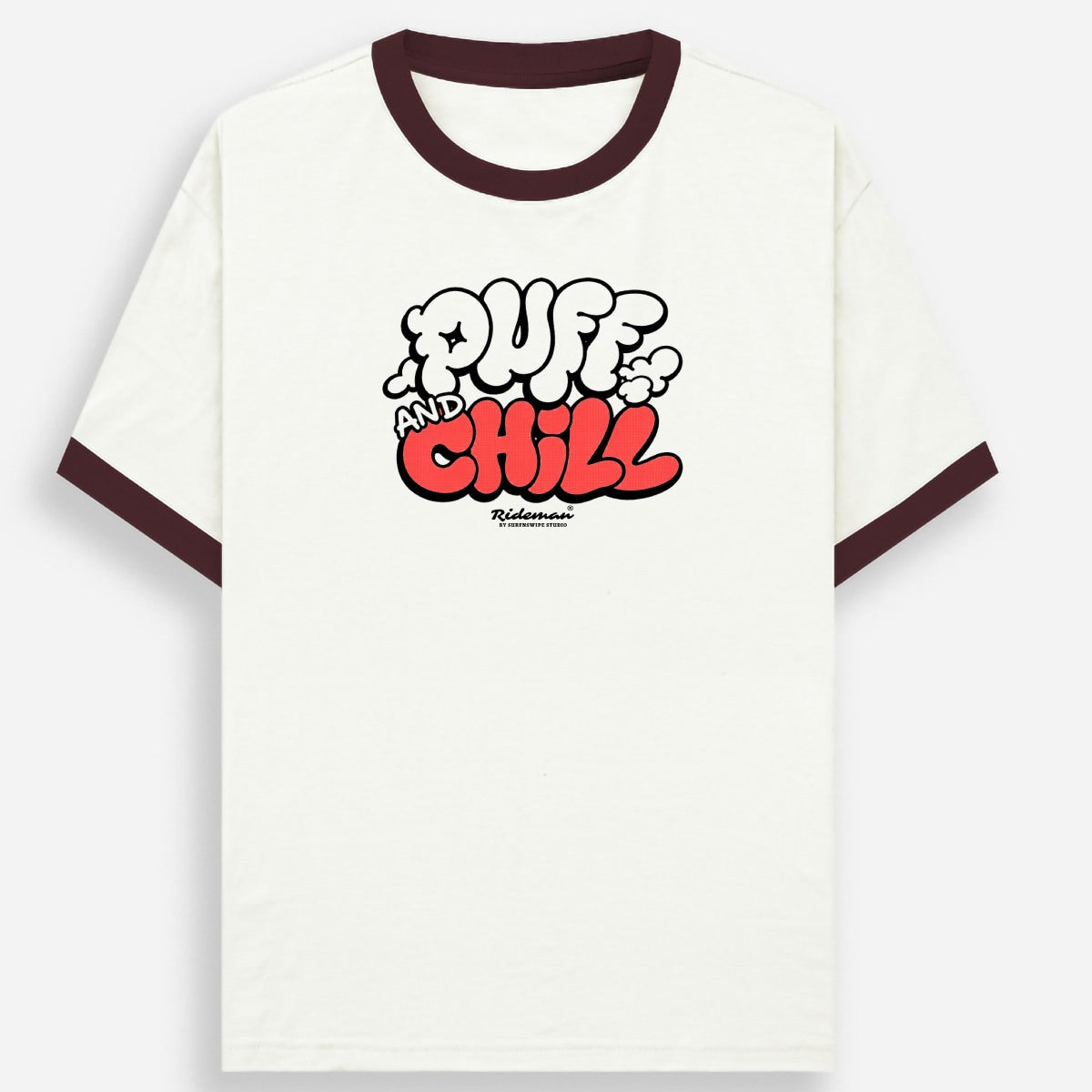 White t-shirt with 'Puff and Chill' text design on a white background