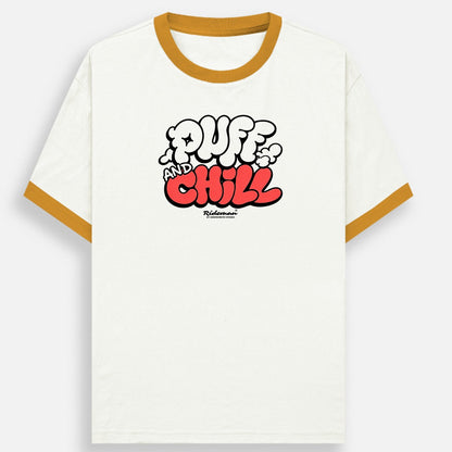 White t-shirt with 'Puff and Chill' text and yellow ringer sleeves on a white background