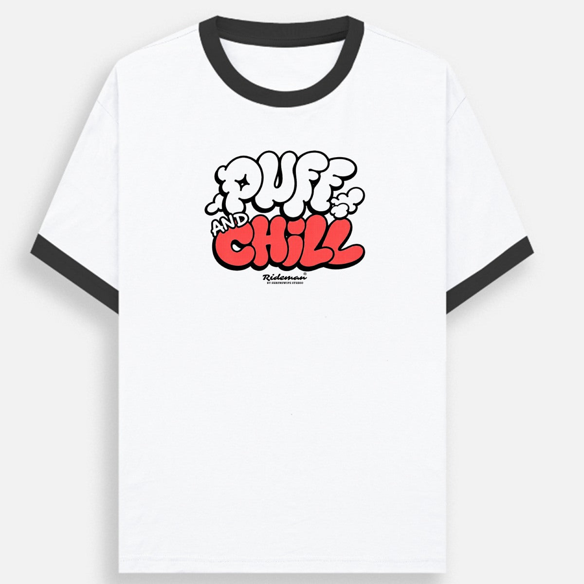 White t-shirt with 'Puff and Chill' text design on a white background