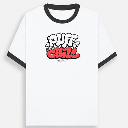 White t-shirt with 'Puff and Chill' text design on a white background
