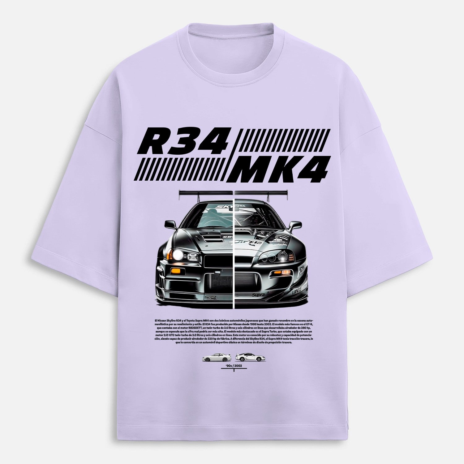 Lavender t-shirt with car graphic and text on a white background