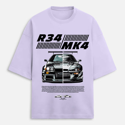 Lavender t-shirt with car graphic and text on a white background