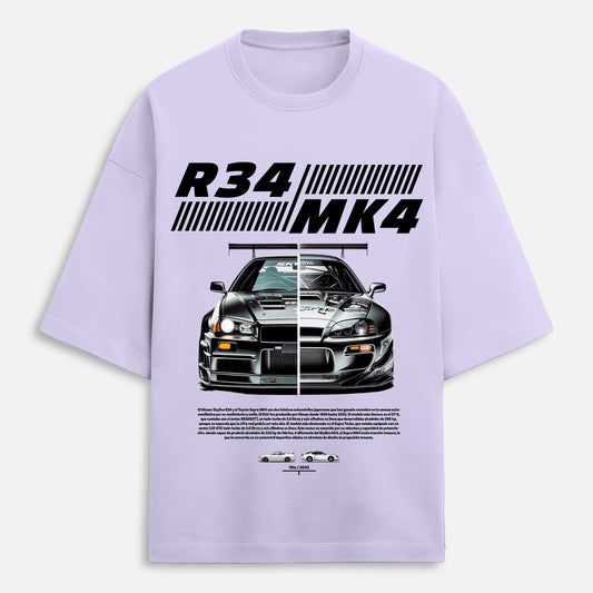 Lavender t-shirt with car graphic and text on a white background