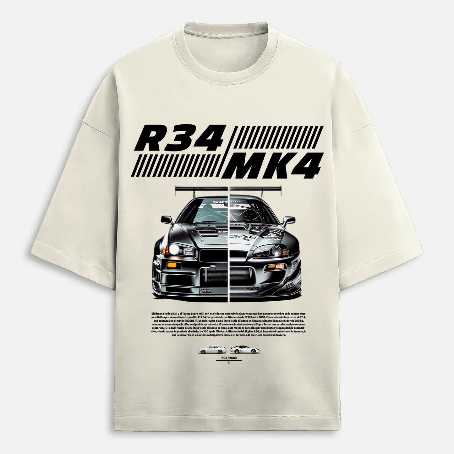 Beige t-shirt with a car graphic and text on a white background