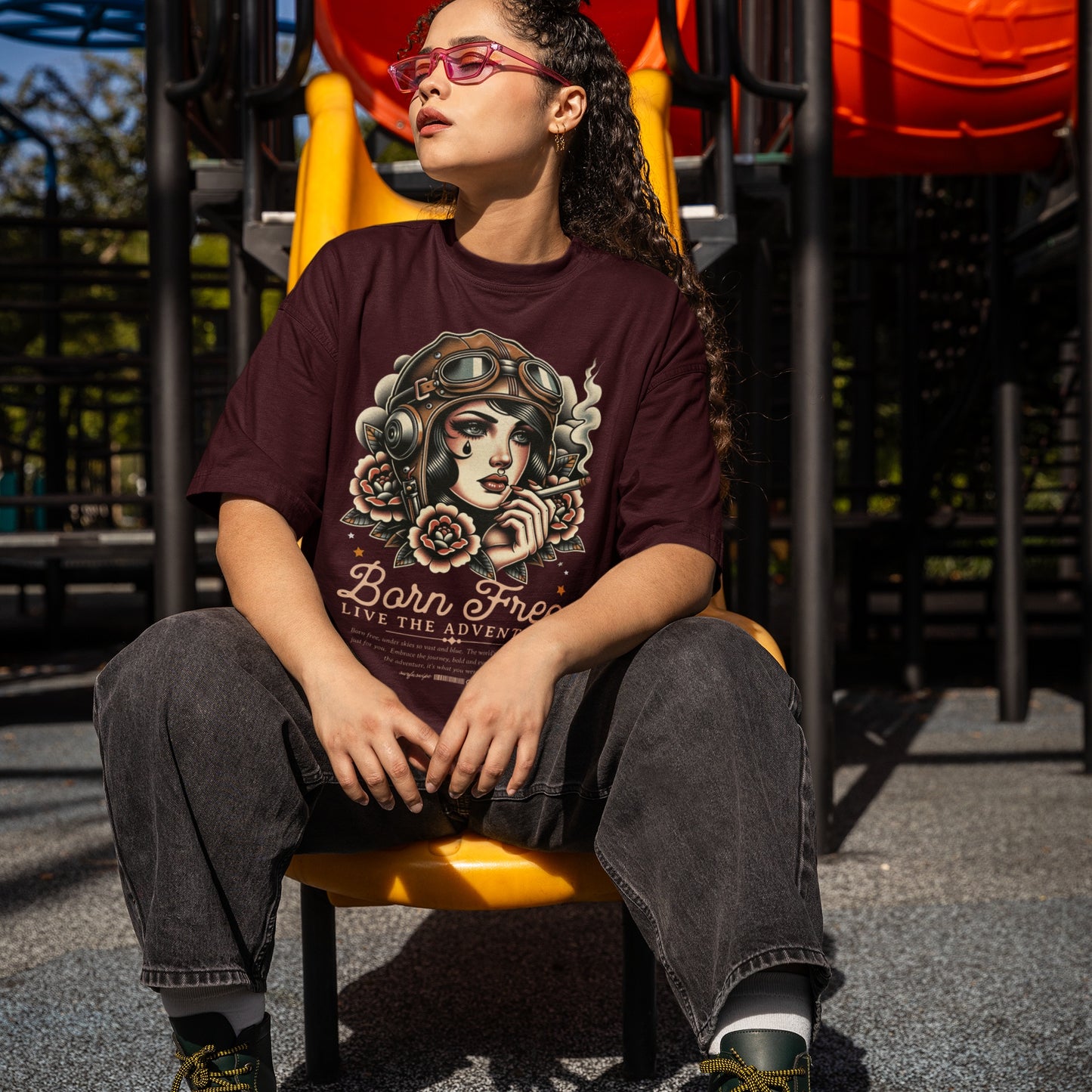 Retro Tattoo Born Free Tee - Vintage Aviator  Design