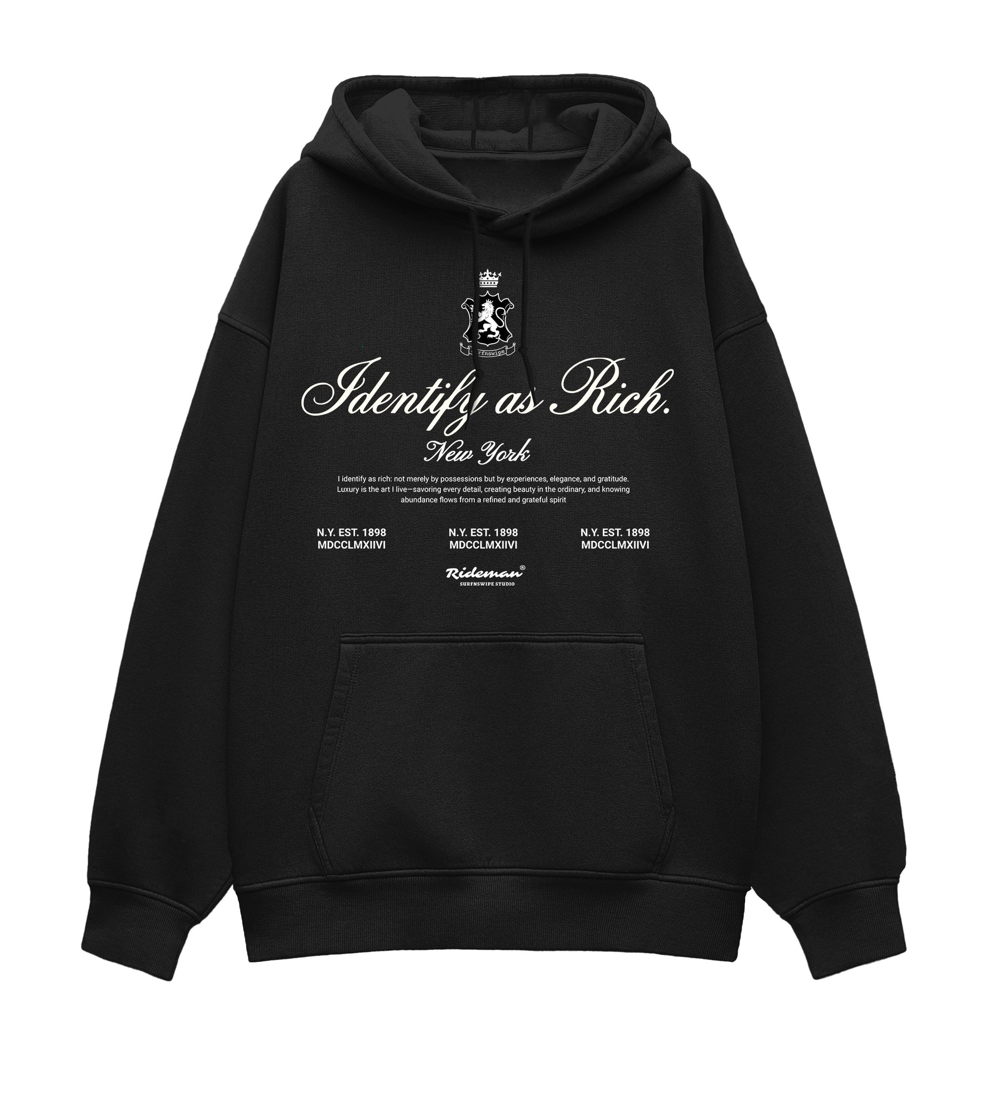Black hoodie with text and logo on a white background