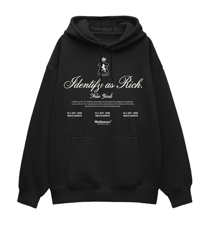 Black hoodie with text and logo on a white background