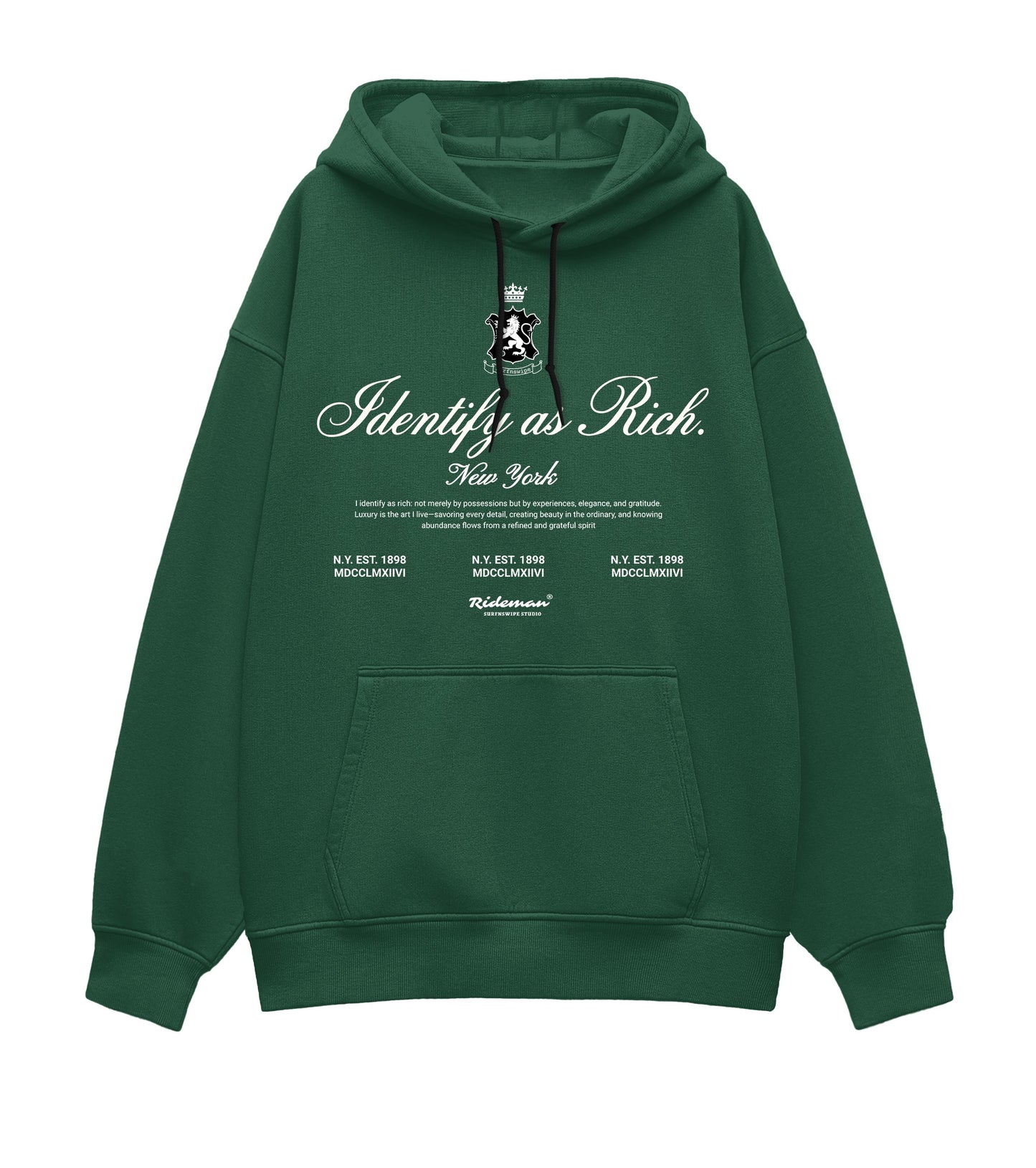 Green hoodie with text and logo on a white background