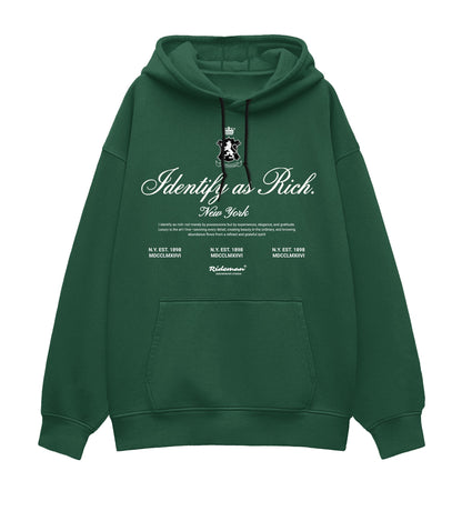 Green hoodie with text and logo on a white background