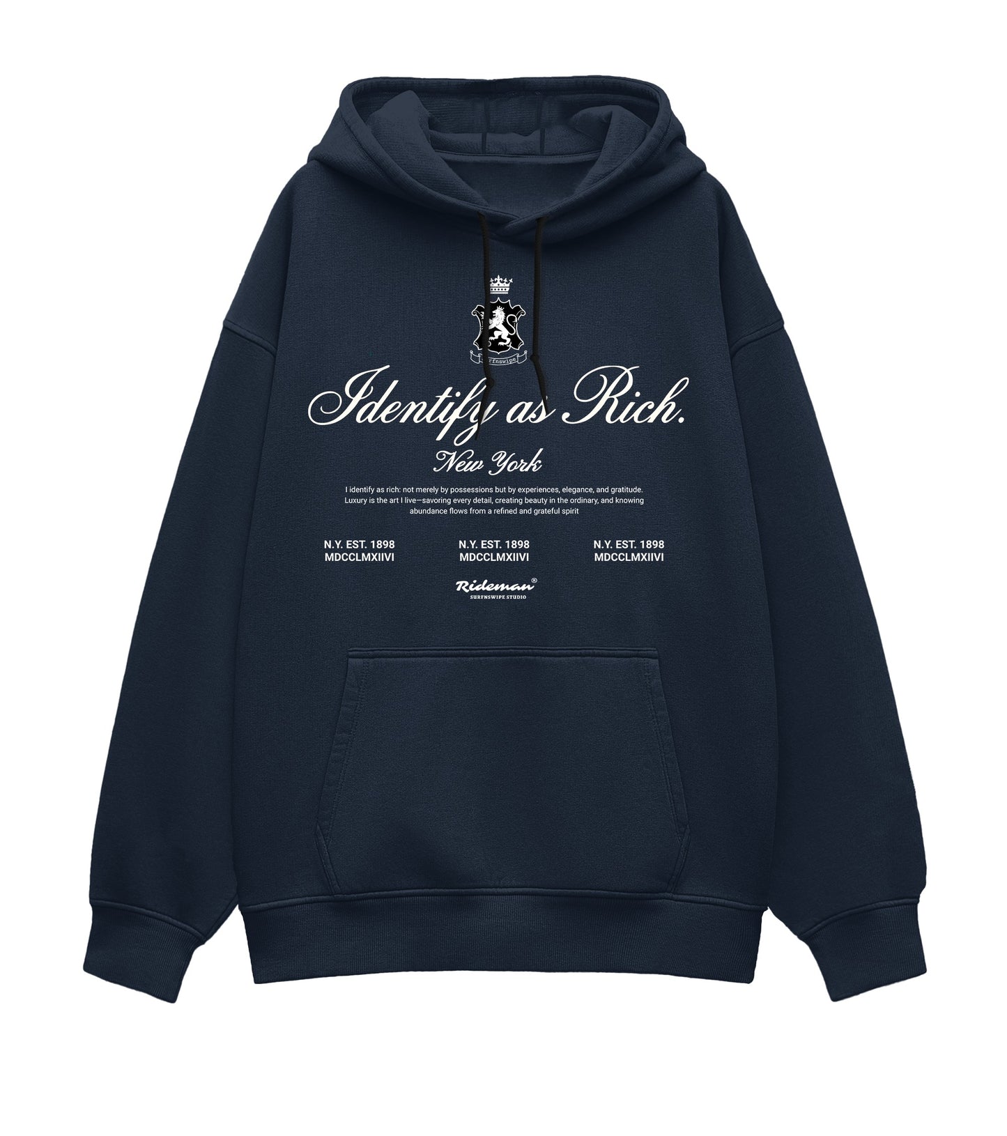 Navy blue hoodie with text and logo on a white background