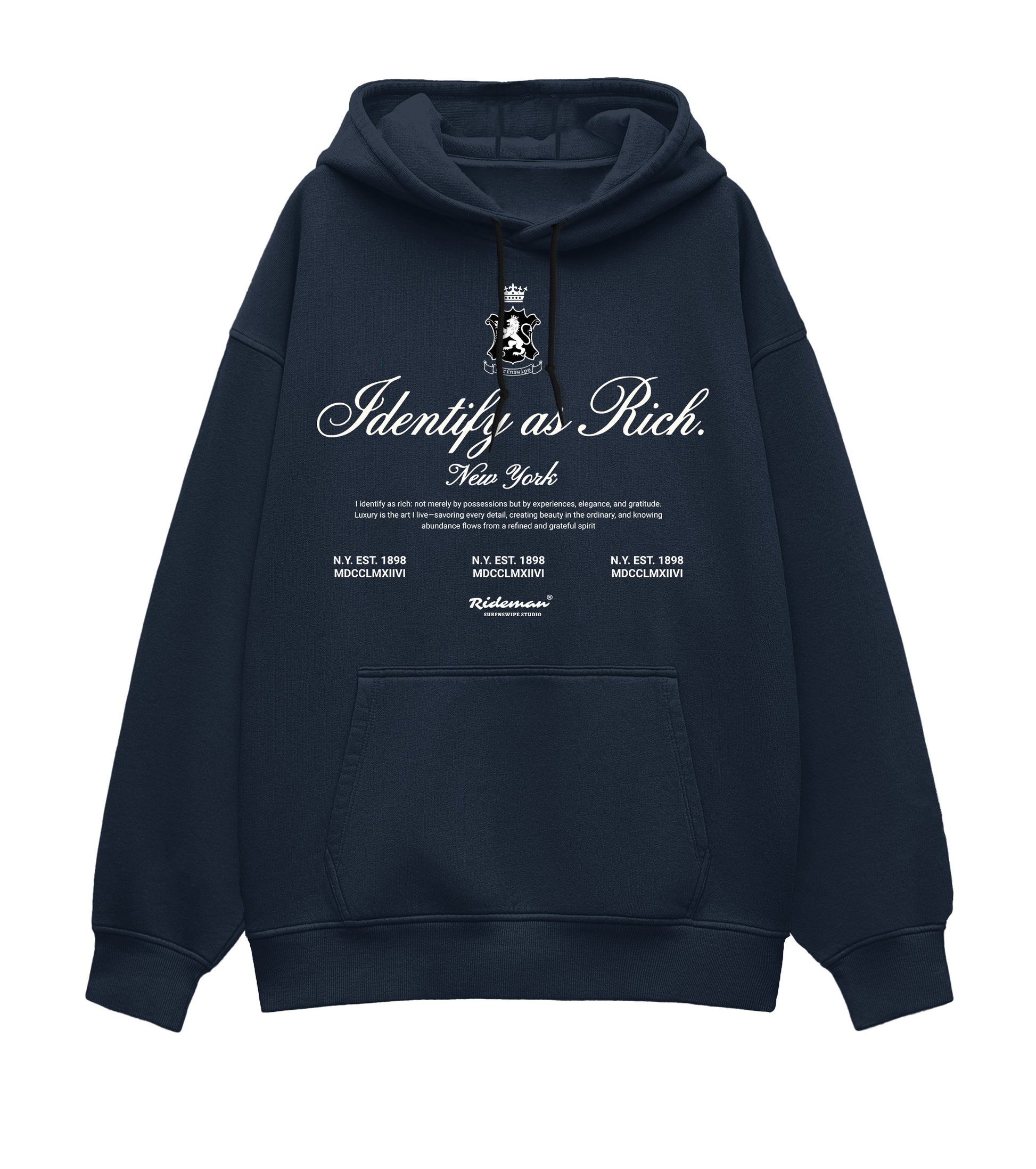 Navy blue hoodie with text and logo on a white background