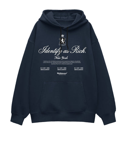 Navy blue hoodie with text and logo on a white background