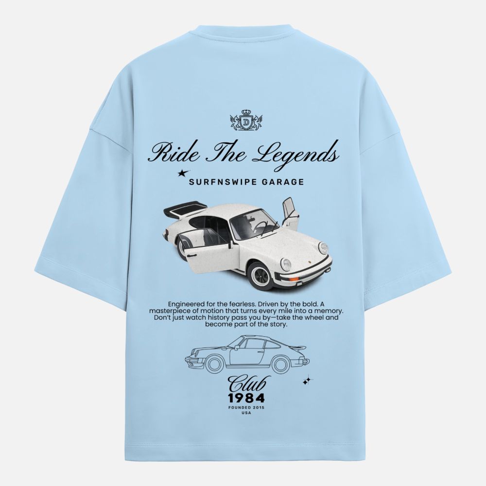 Light blue t-shirt with car graphics and text on the back