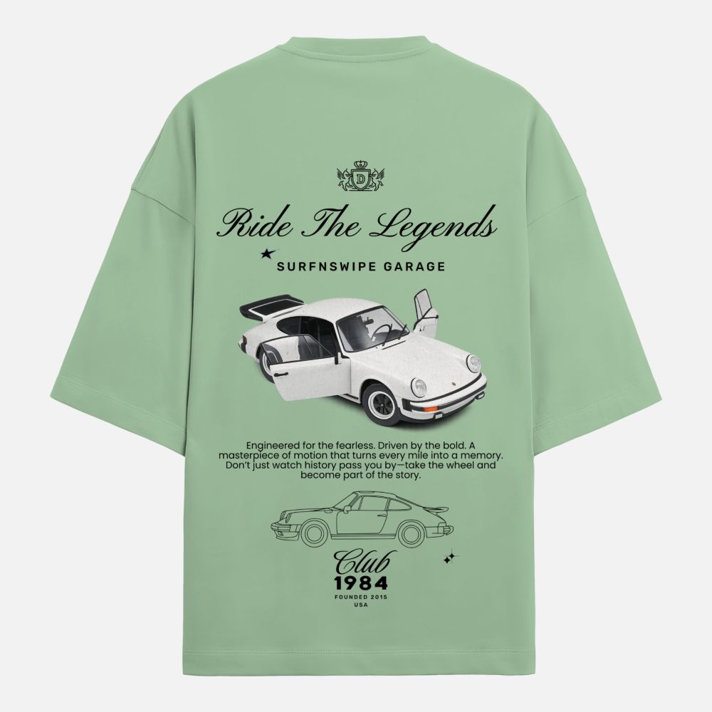 Light green t-shirt with car graphics and text on a white background