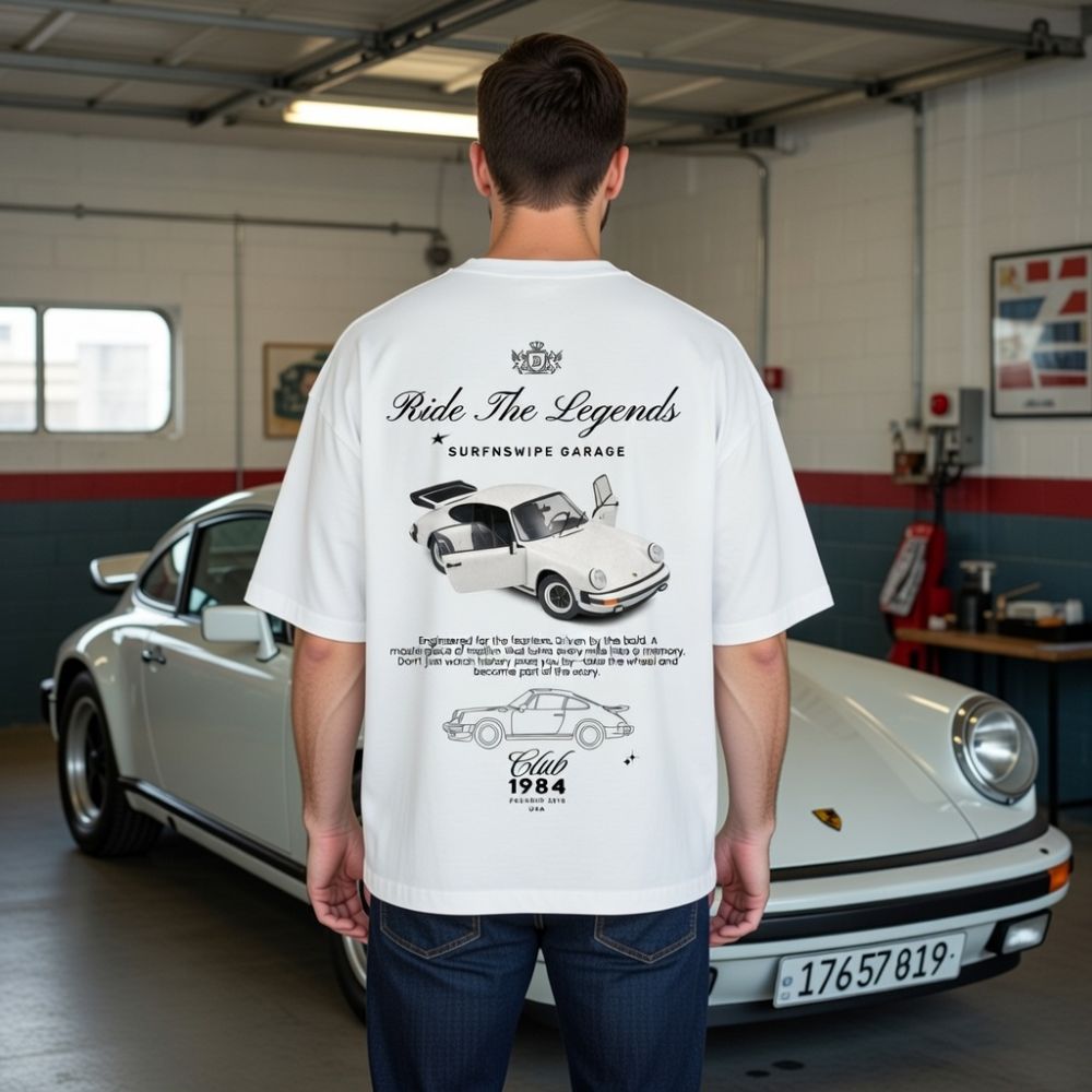 Person wearing a white t-shirt with car graphics and text in a garage.