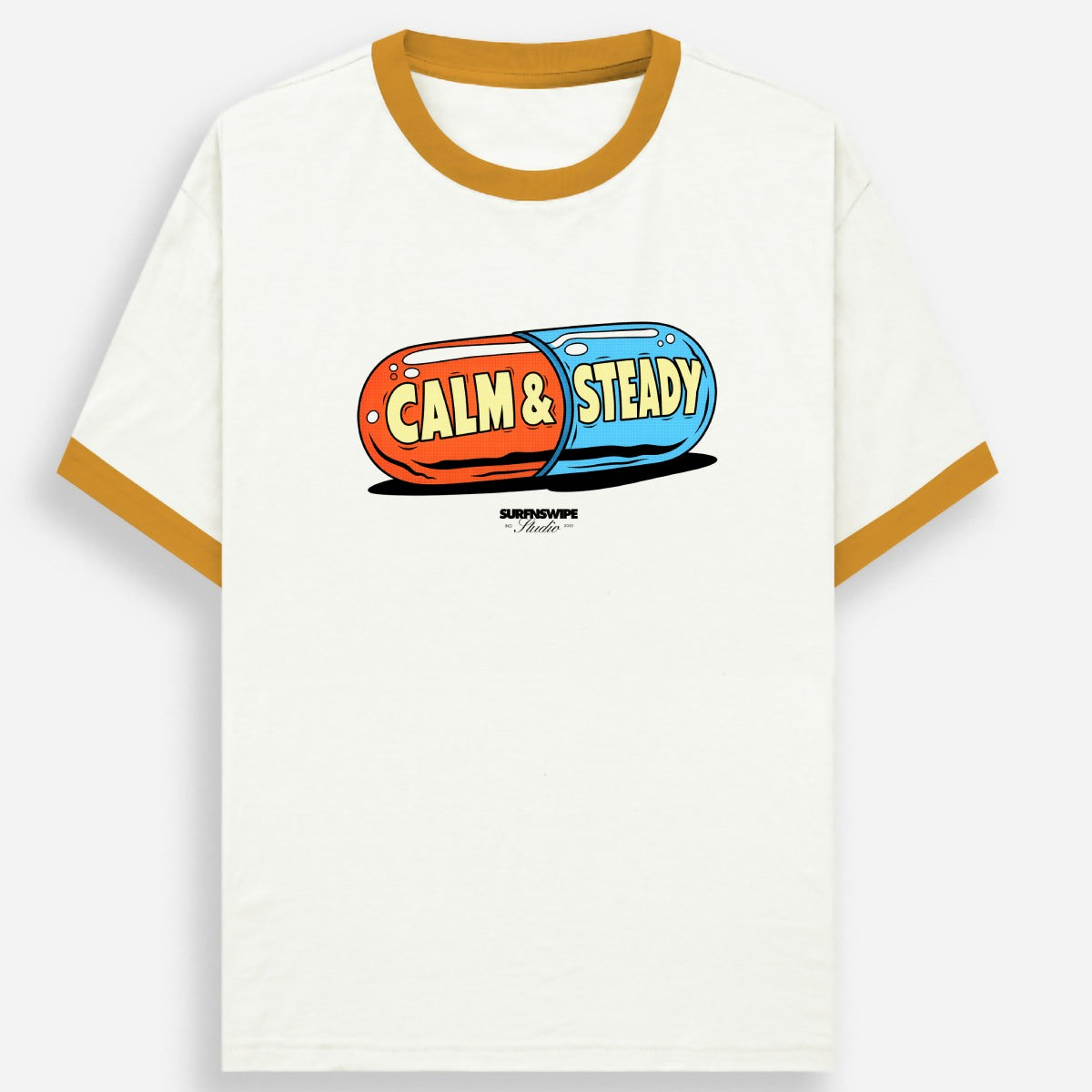White t-shirt with colorful graphic design on a white background