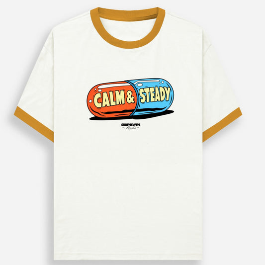 White t-shirt with colorful graphic design on a white background
