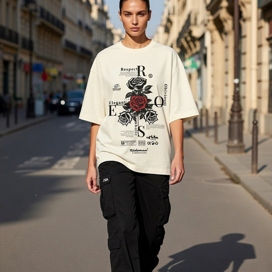 Person wearing a white t-shirt with a graphic design on a city street