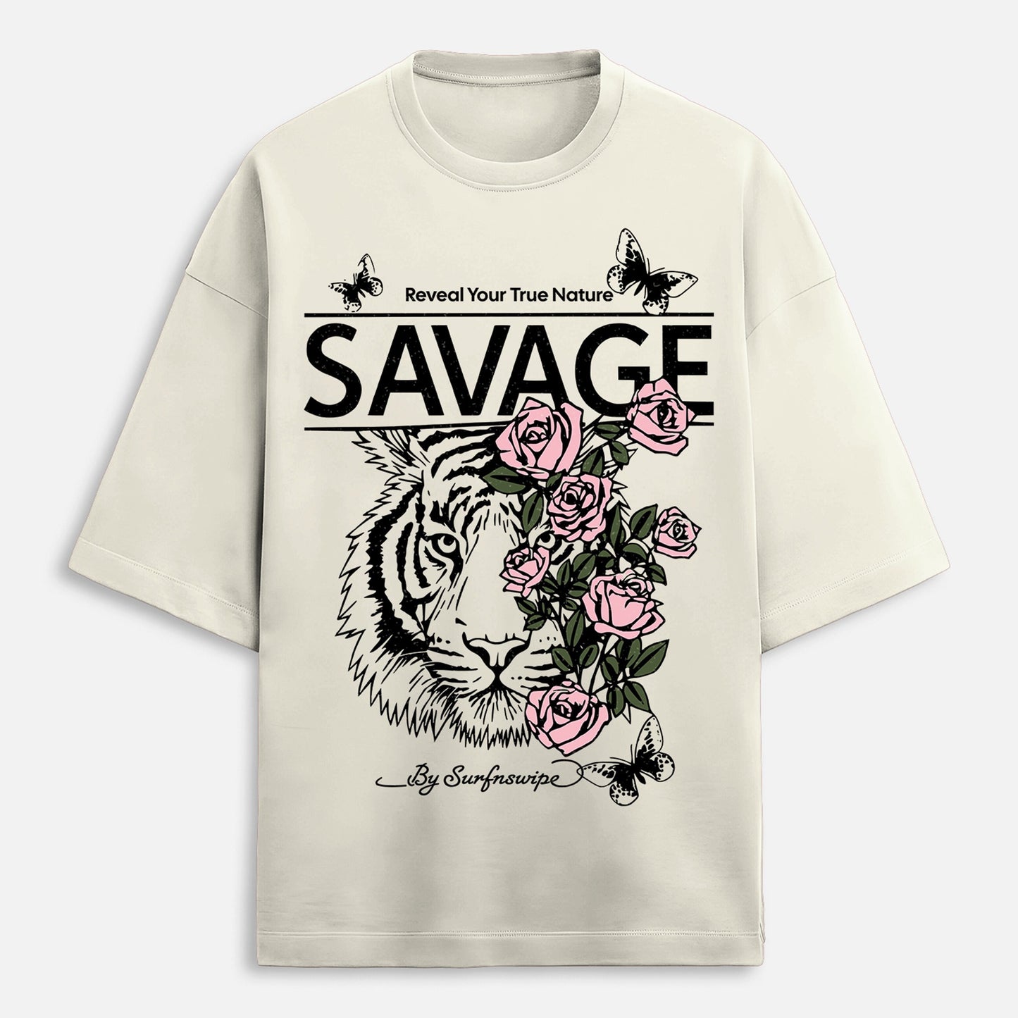 Beige t-shirt with a tiger and roses graphic and 'Savage' text on a white background