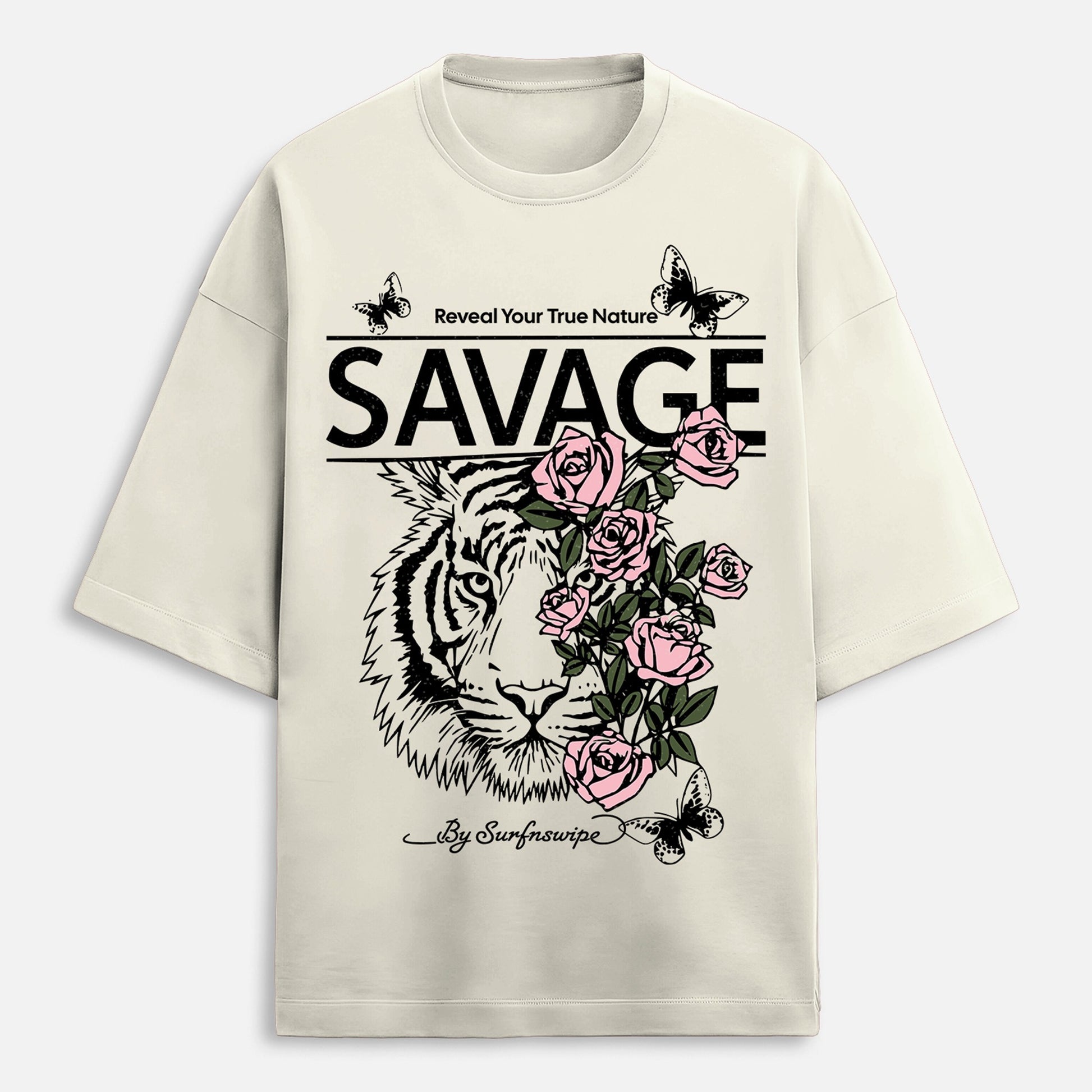 Beige t-shirt with a tiger and roses graphic and 'Savage' text on a white background