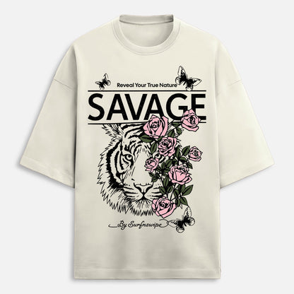 Beige t-shirt with a tiger and roses graphic and 'Savage' text on a white background