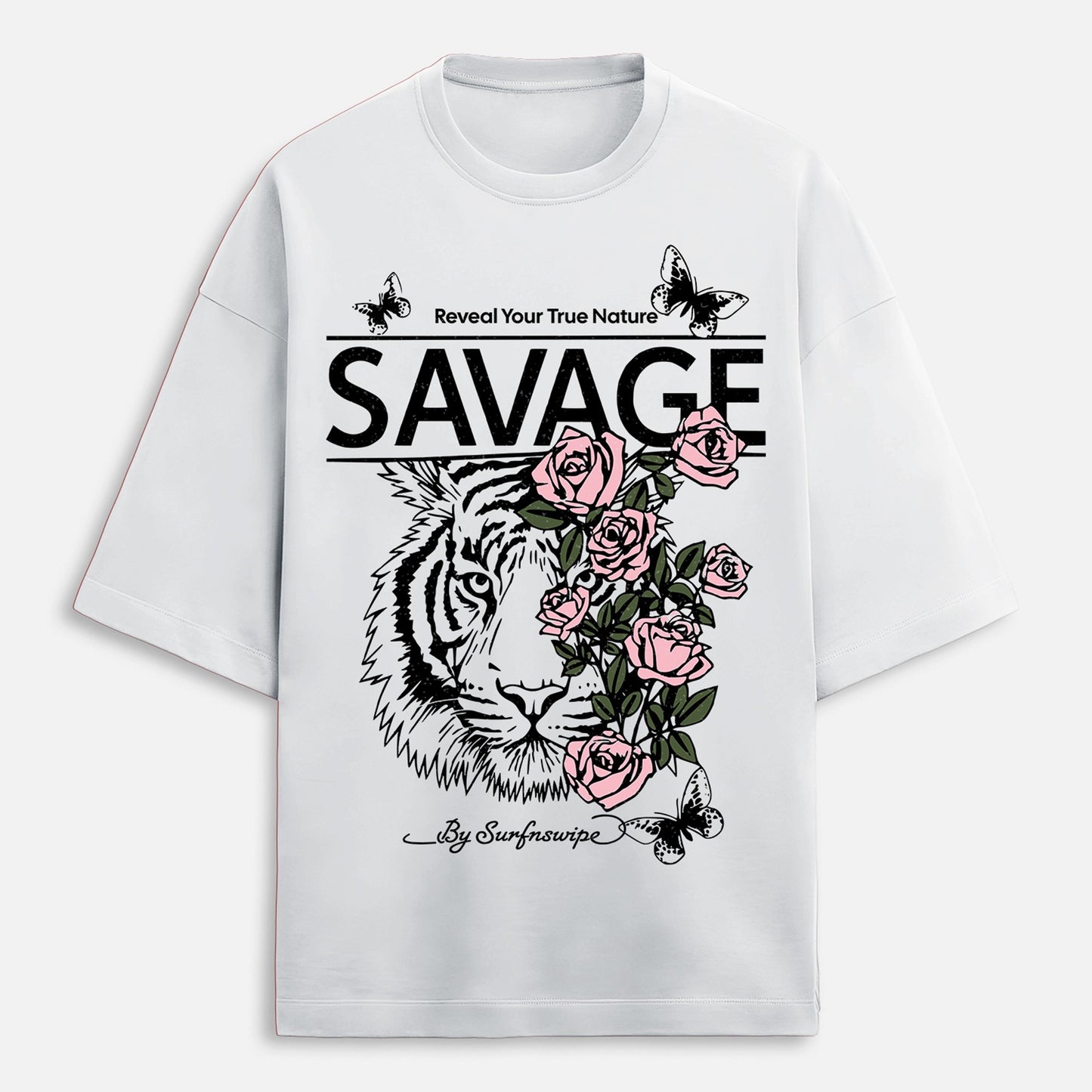 White t-shirt with a tiger and roses graphic and 'SAVAGE' text on a white background