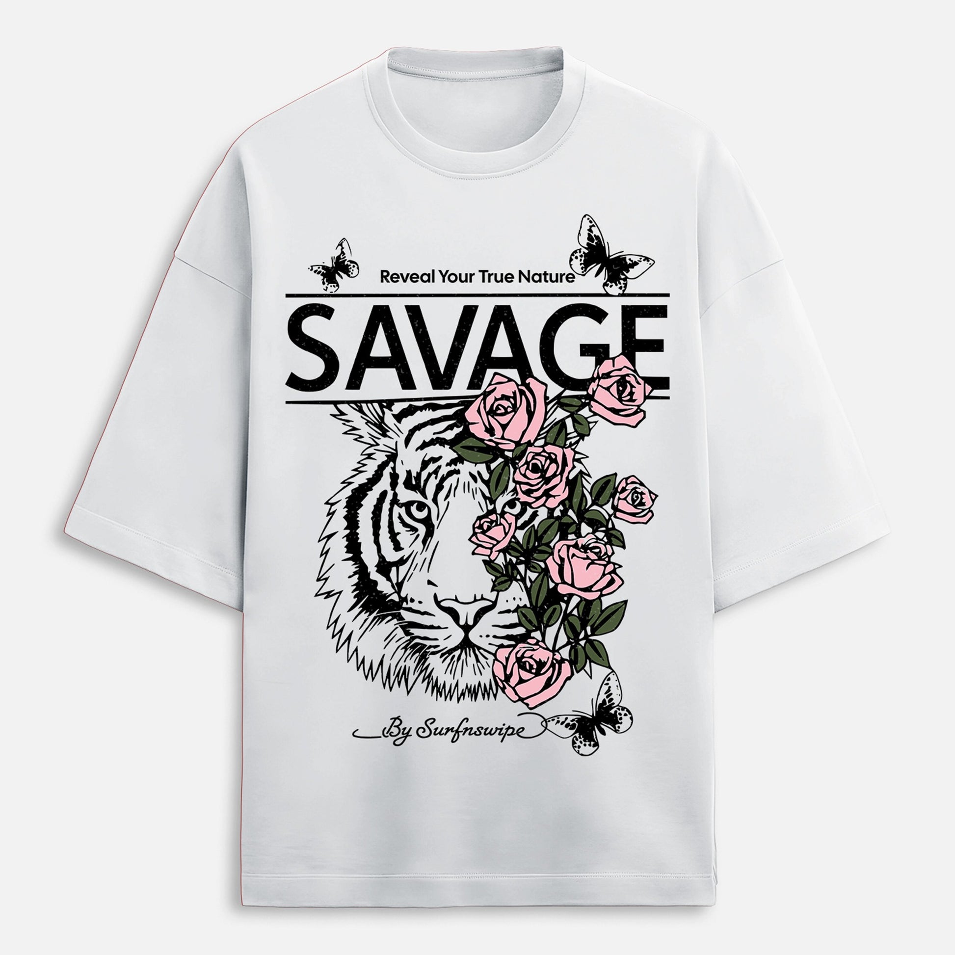 White t-shirt with a tiger and roses graphic and 'SAVAGE' text on a white background