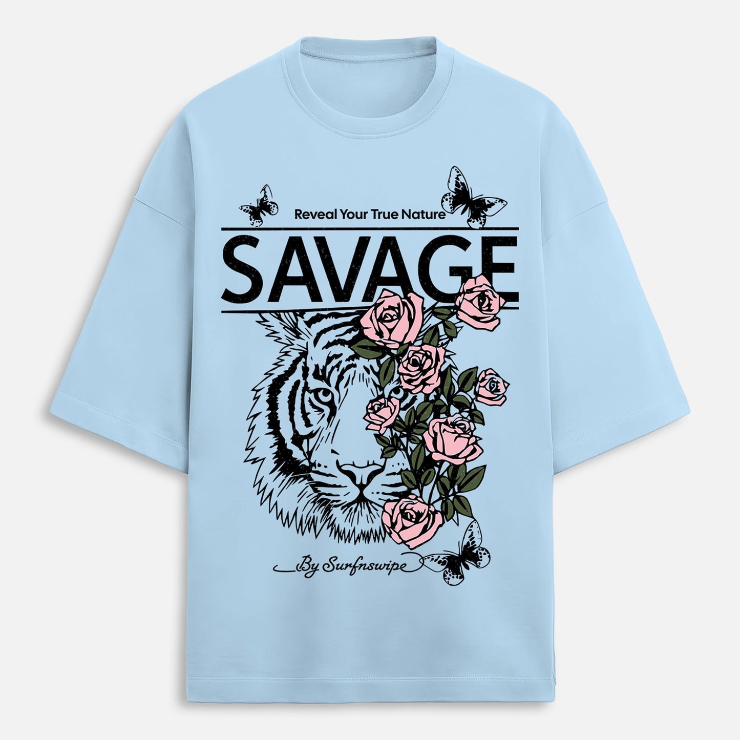Light blue t-shirt with a tiger and roses graphic and 'Savage' text on a white background