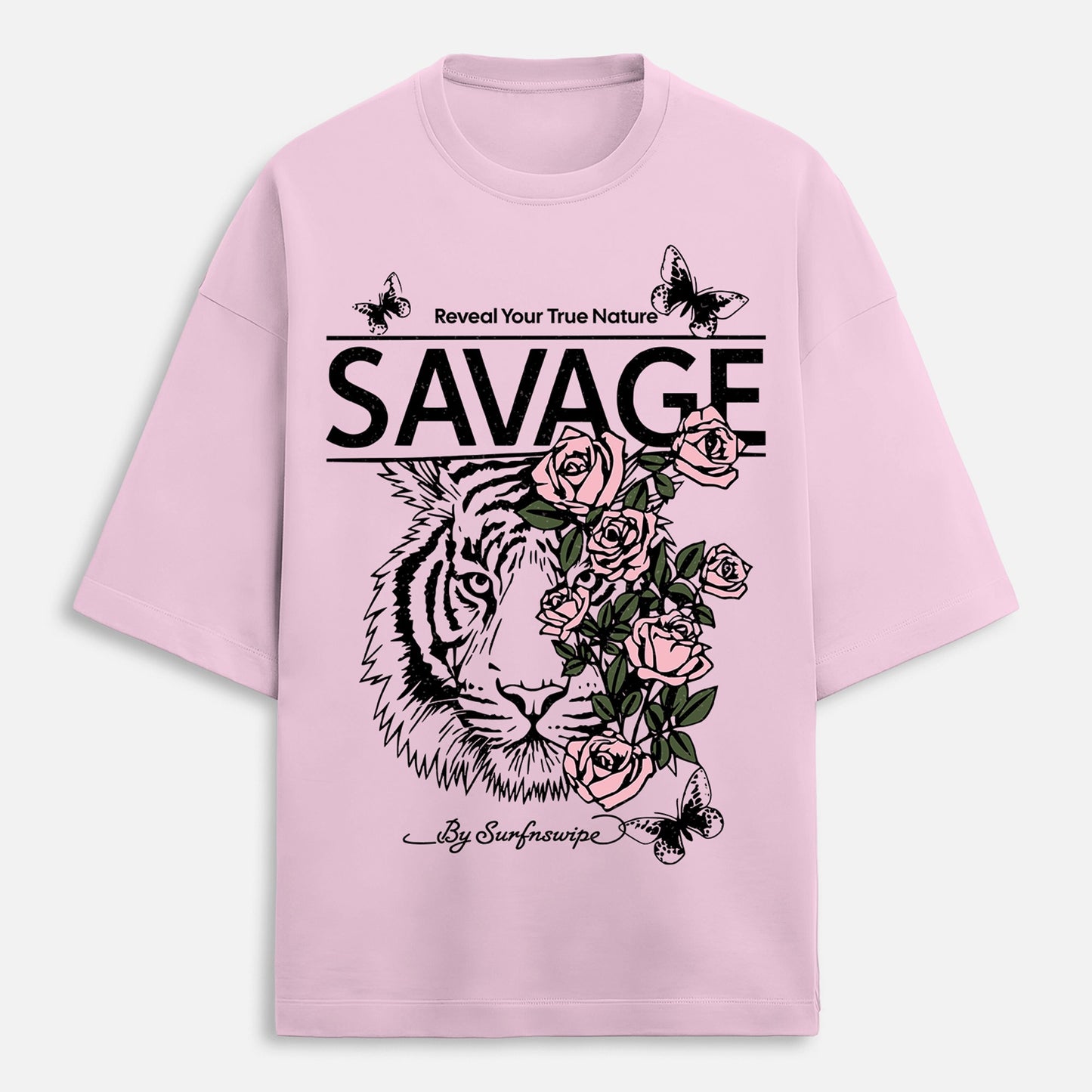 Pink t-shirt with a tiger and roses graphic and 'Savage' text on a white background