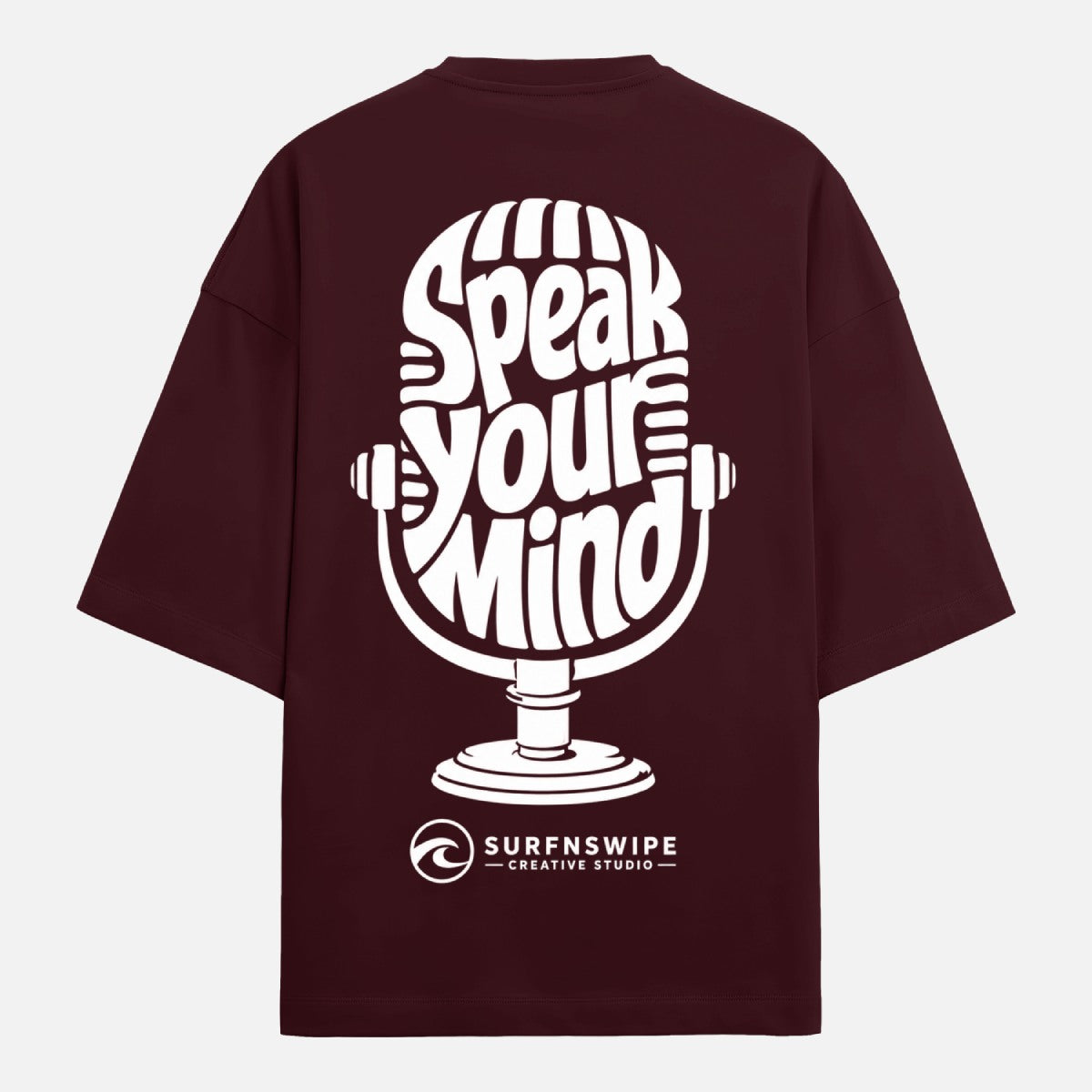 Maroon t-shirt with 'Speak Your Mind' graphic and SurfnsWipe logo on a white background