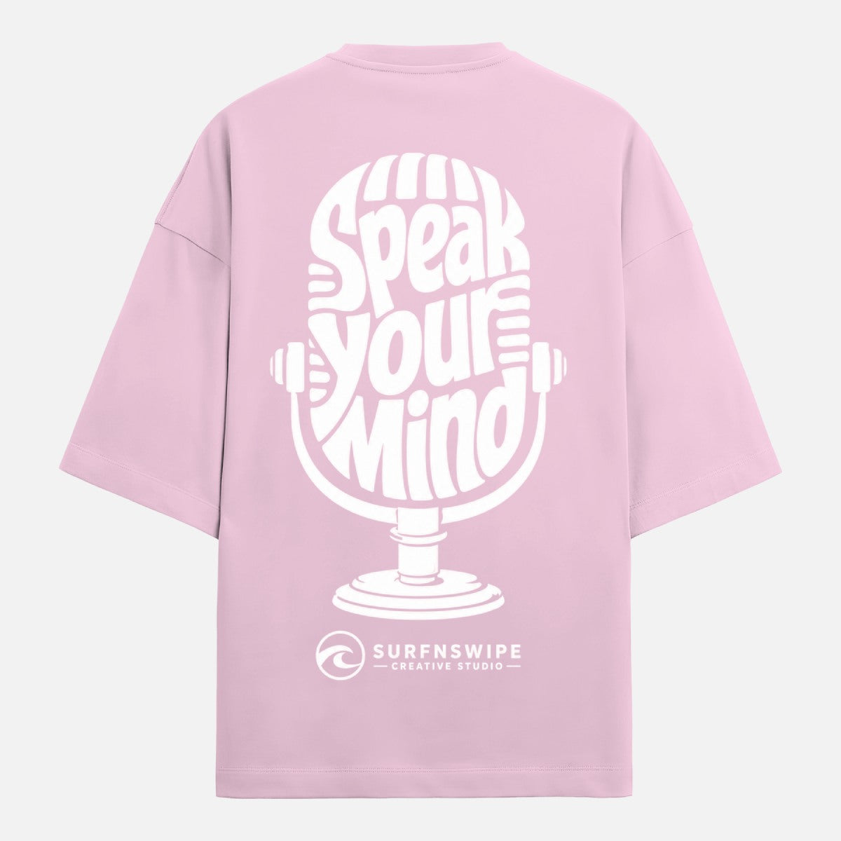 Pink t-shirt with white microphone graphic and text on a white background