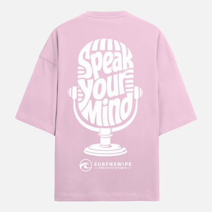 Pink t-shirt with white microphone graphic and text on a white background