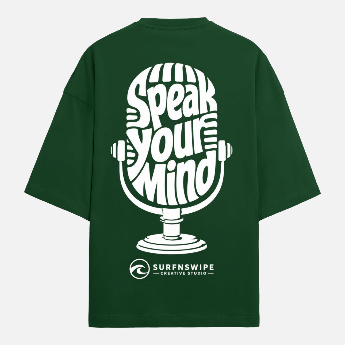 Green t-shirt with 'Speak Your Mind' graphic and Surfnswipe logo on a white background